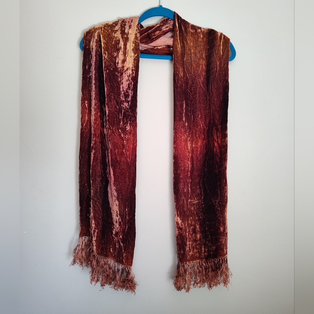 Furrowed Velvet Style Scarf With Fringes Tobacco Brown 67 x 13